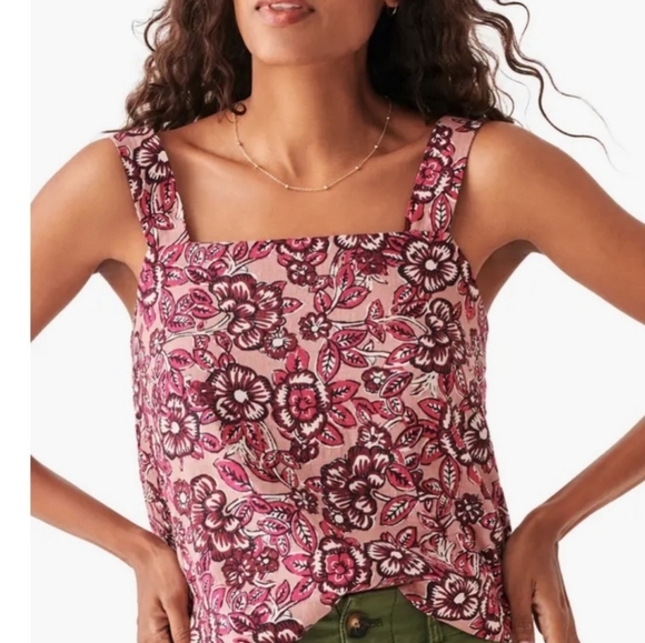 Faherty Pacifica Floral Print Square Neck Linen Boxy Tank - Picture 1 of 9